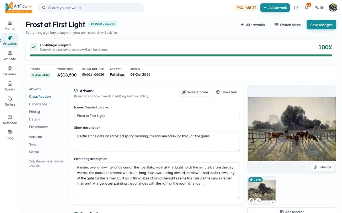 The full record of one painting, Frost at First Light: the listing marked complete, its descriptions, art type, series and features, dimensions, prices, details and provenance, with the photograph beside it.