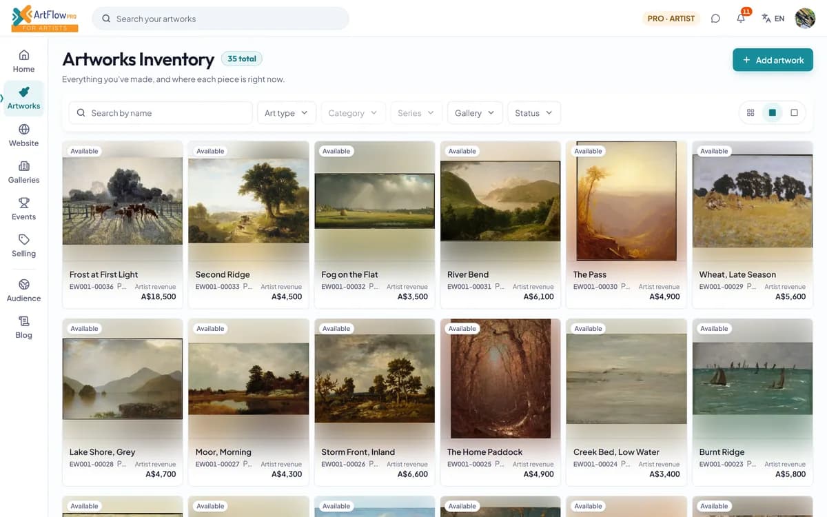 The artworks inventory: a grid of paintings, each with its status, serial number and the artist's revenue, with search and filters above.