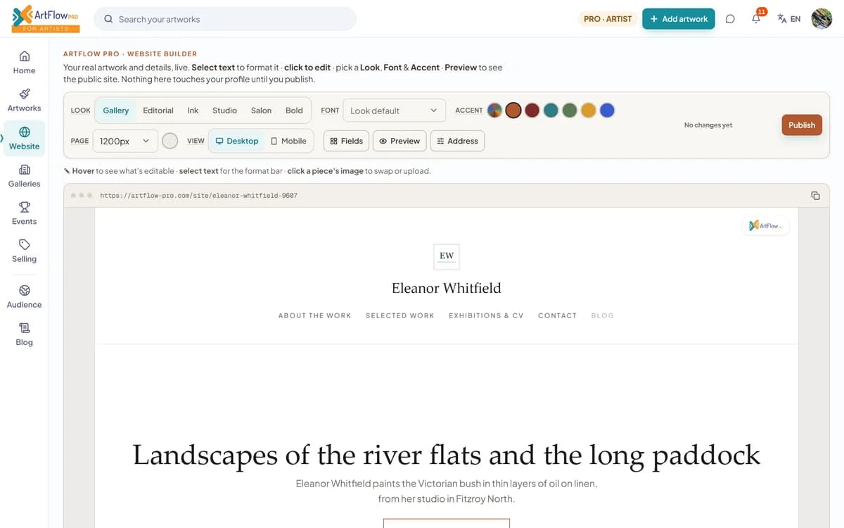 The website builder: the six looks, fonts and accent colours across the top, and the artist's site in the Gallery look below, ready to edit in place.