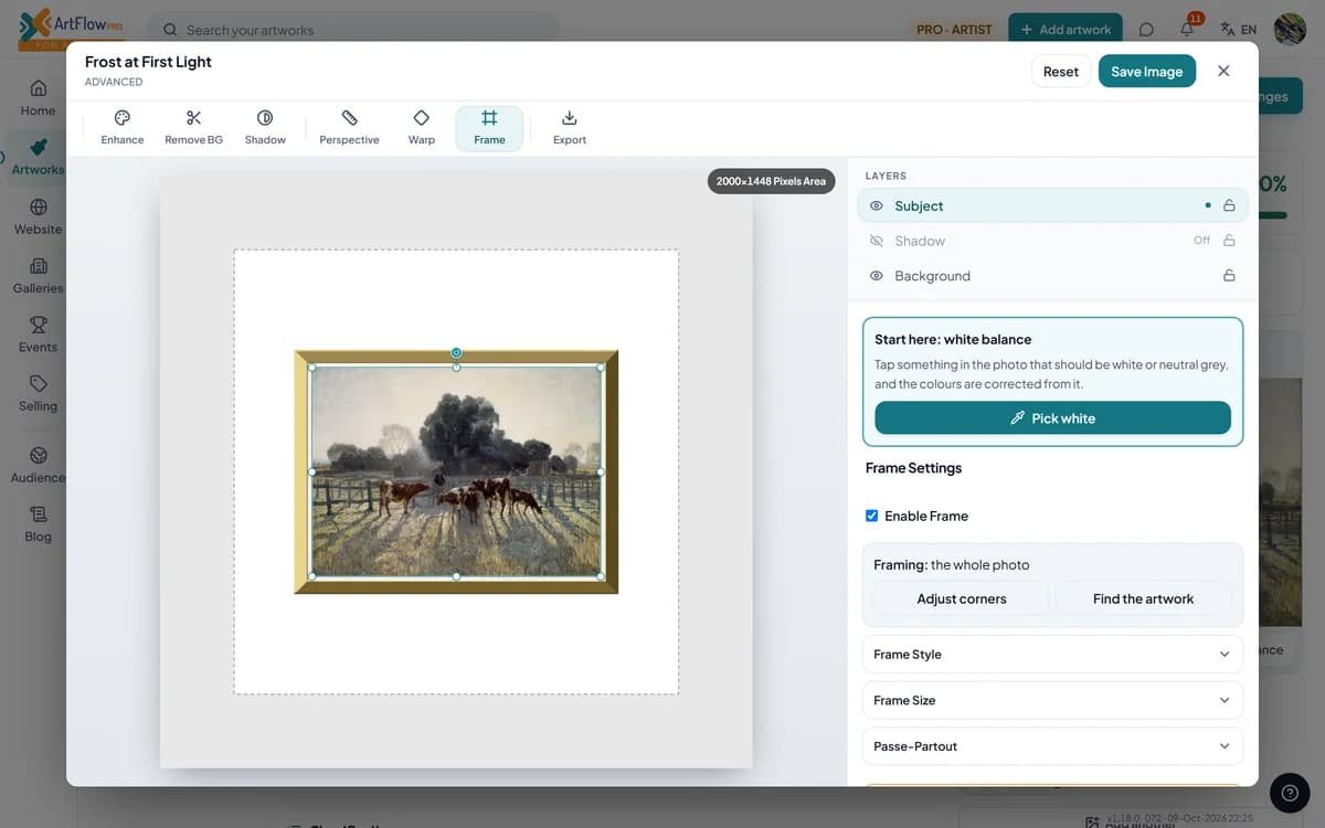 The advanced editor with the painting shown in a gold frame, the tools across the top and the frame settings on the right.