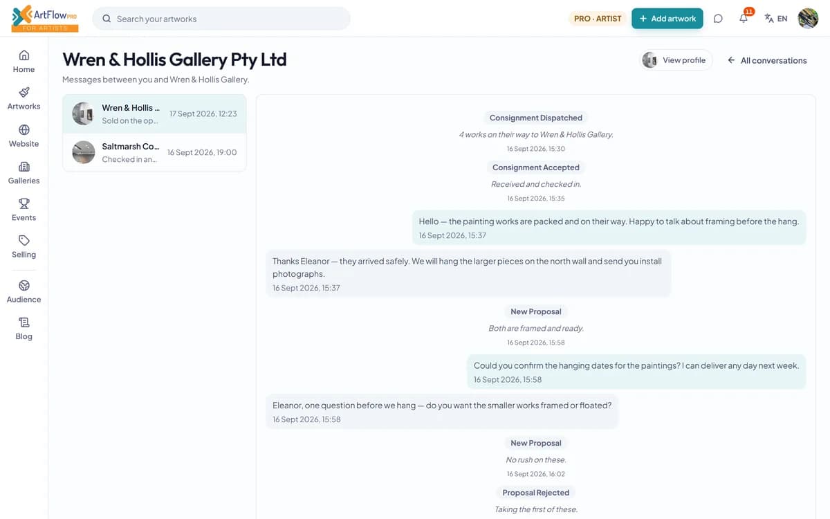 A conversation with a gallery: consignments dispatched and accepted, proposals, messages about framing and hanging, and a sale with the piece and its price.