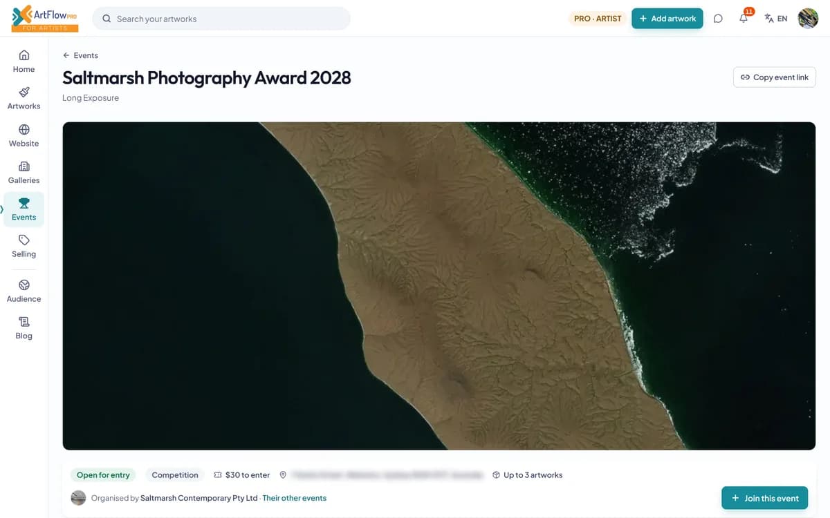 An open call: a photography award with its banner, entry fee, dates, who can enter, terms and categories, and a join this event button.