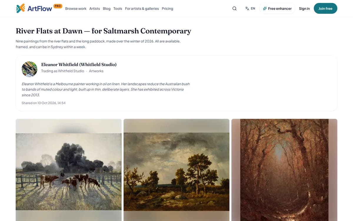 A shared portfolio made for one gallery: its title and note, the artist's details, and nine paintings, each with its story and series.