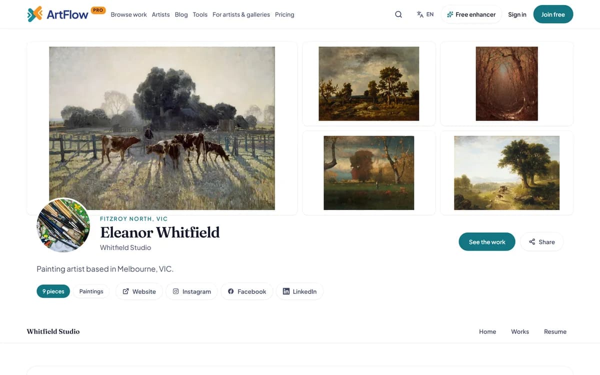 The artist's public page as a visitor sees it: five paintings across the top, her name and links, about the studio, a collection of nine paintings, how buying works, and her exhibitions and CV.