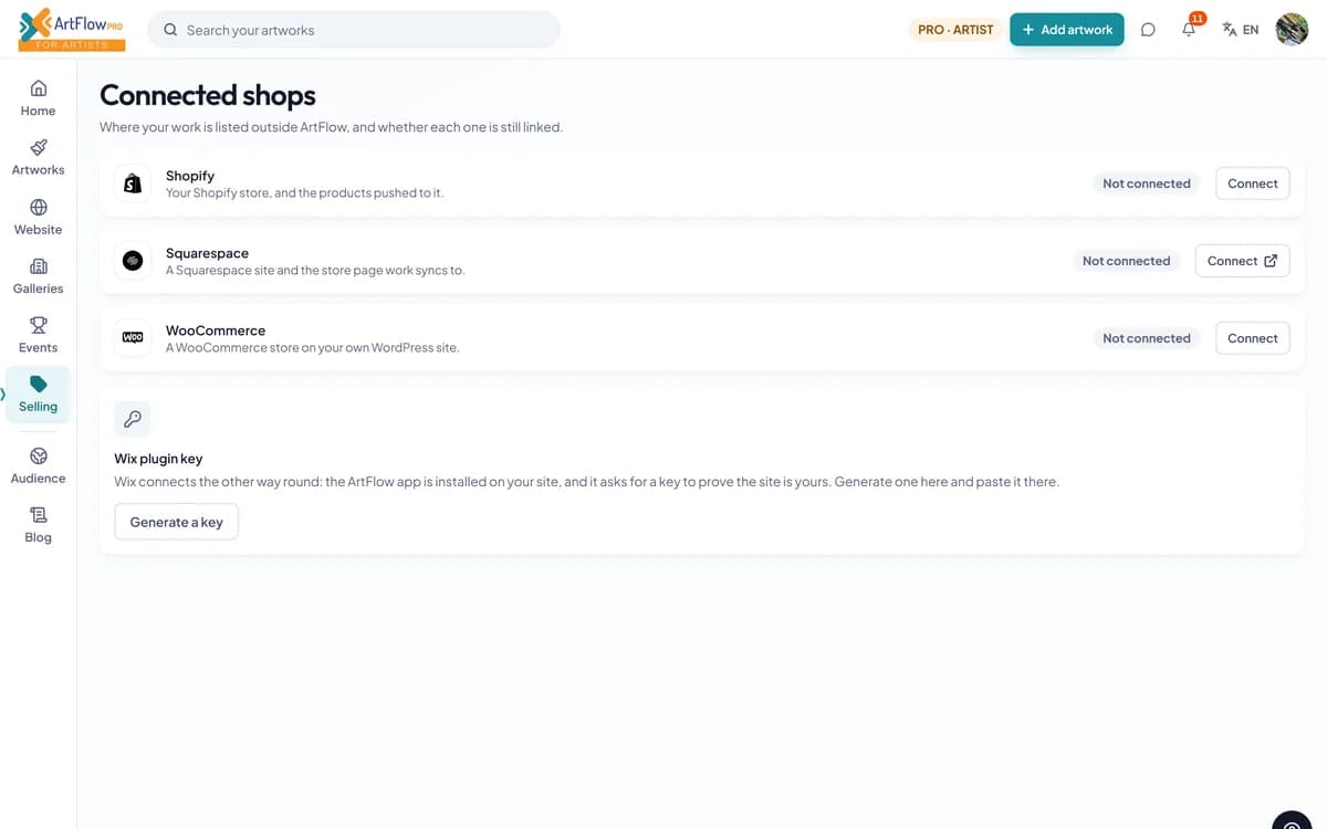 Connected shops: Shopify, Squarespace and WooCommerce ready to connect, and a plugin key for Wix.