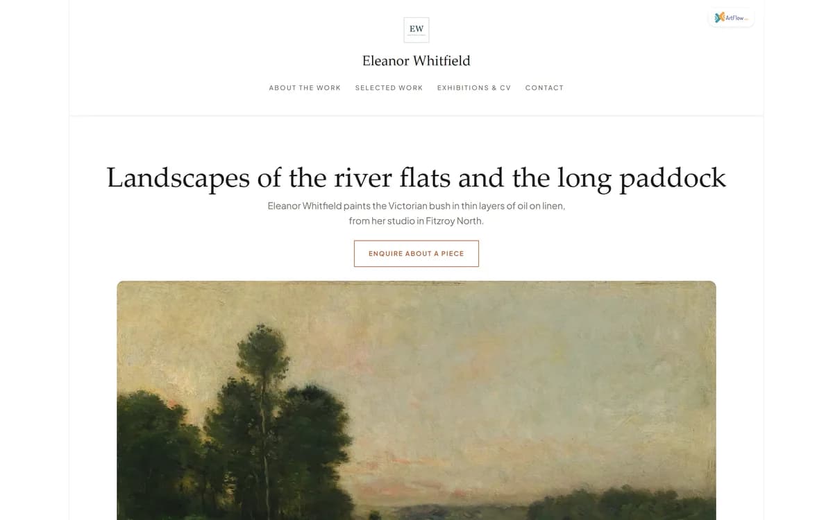 The artist's website in the Gallery look, on white: her name and menu, a headline over a river painting, news of her show, about the work, ten selected paintings with prices and an enquire link on each, exhibitions and CV, and get in touch.