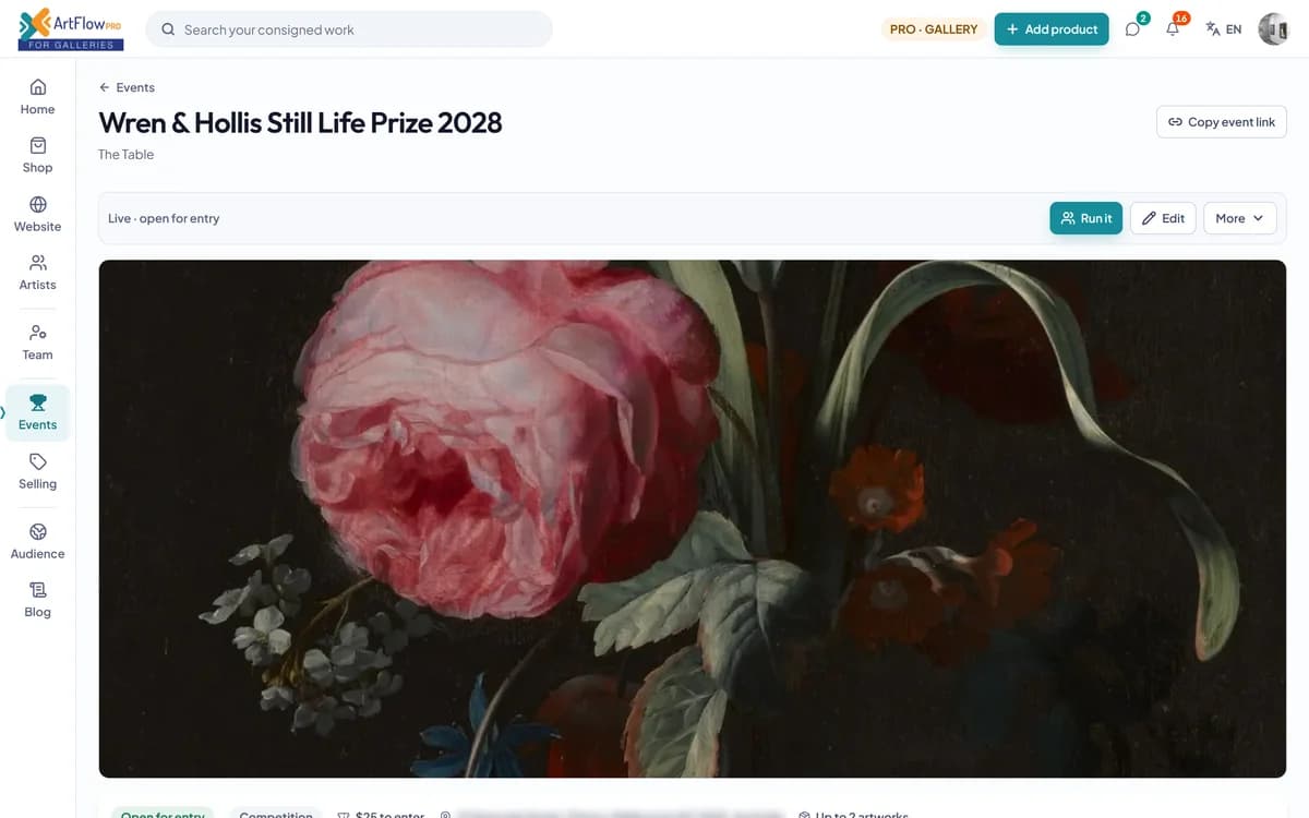 An open call as published: a still-life prize with its painting banner, entry fee, dates, who can enter, terms and categories.