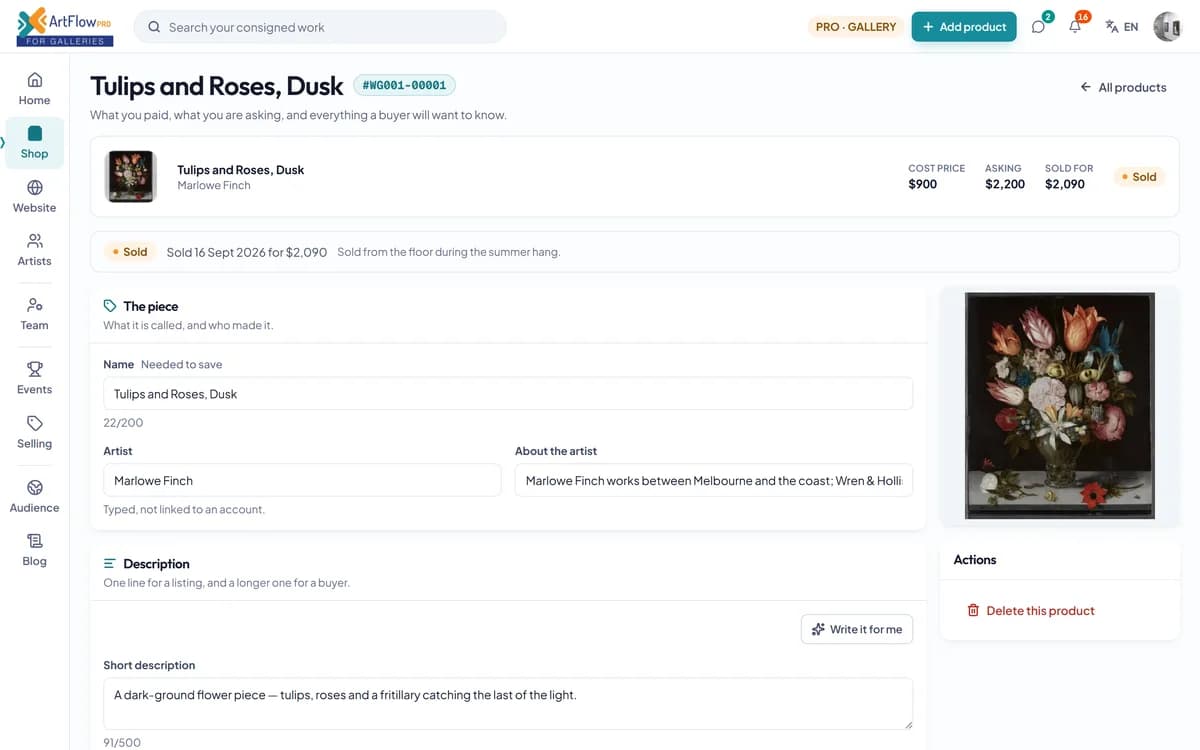 One gallery product, Tulips and Roses, Dusk: sold, cost and asking price, descriptions, a ready social post, dimensions, pricing with the margin, and photographs.
