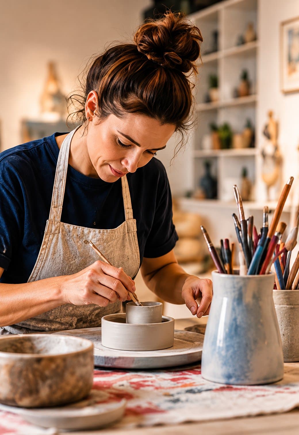 An artist painting a ceramic bowl in her studio.