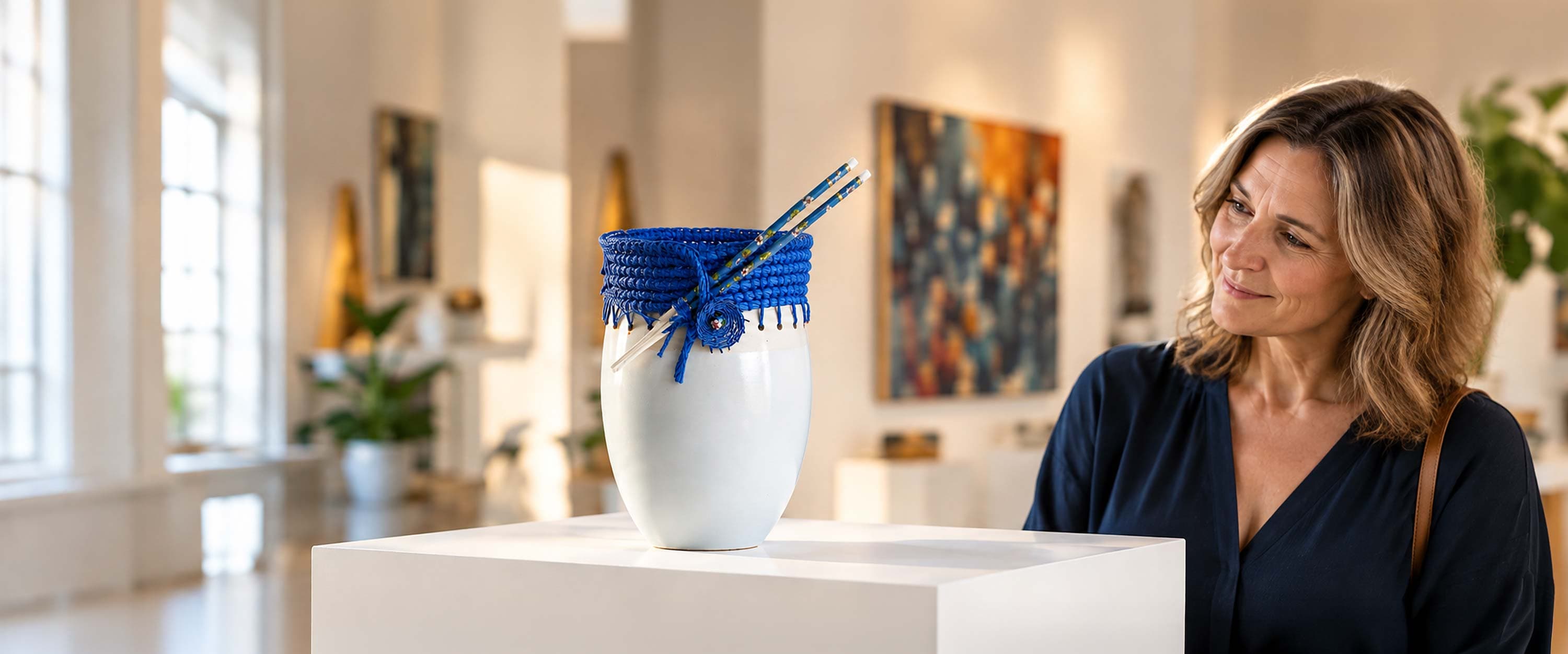 Frances Smith in a sunlit gallery, looking at her ClayWeave vessel: a white ceramic vase with a woven blue rim.