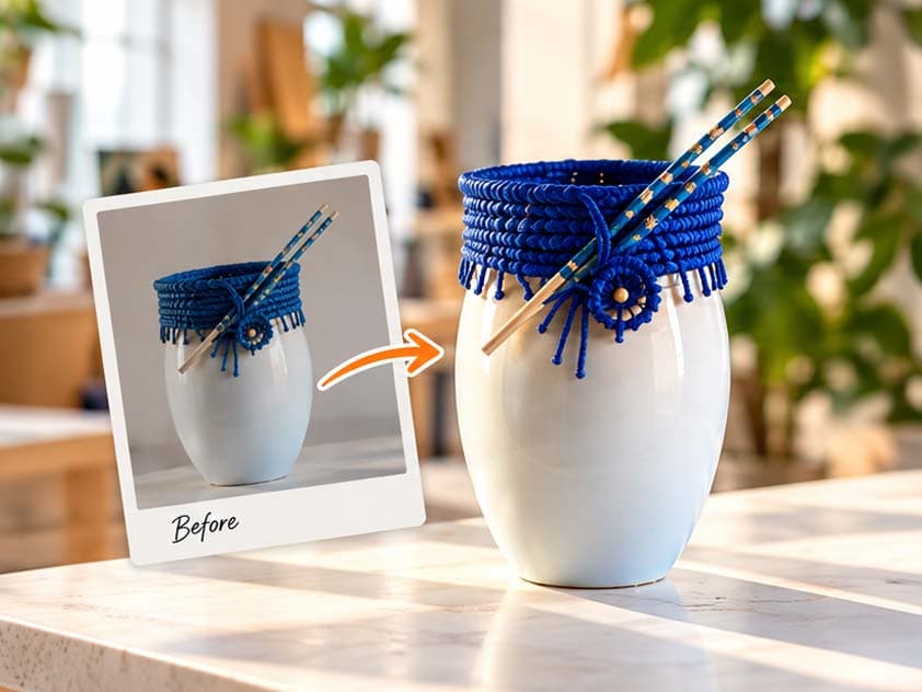 A phone photo of a ceramic vase, and the same vase enhanced: brighter, sharper and on a clean surface.