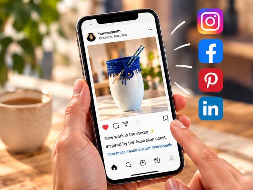 A phone showing an Instagram post of a ceramic vase, beside the Instagram, Facebook, Pinterest and LinkedIn logos.