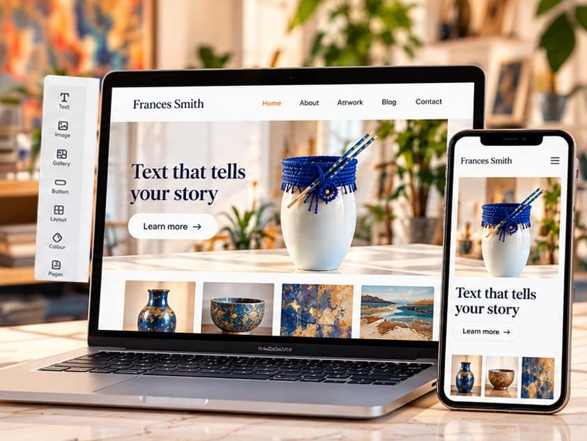An artist's website on a laptop and a phone: her name, a headline over a ceramic vase, and a row of her work.