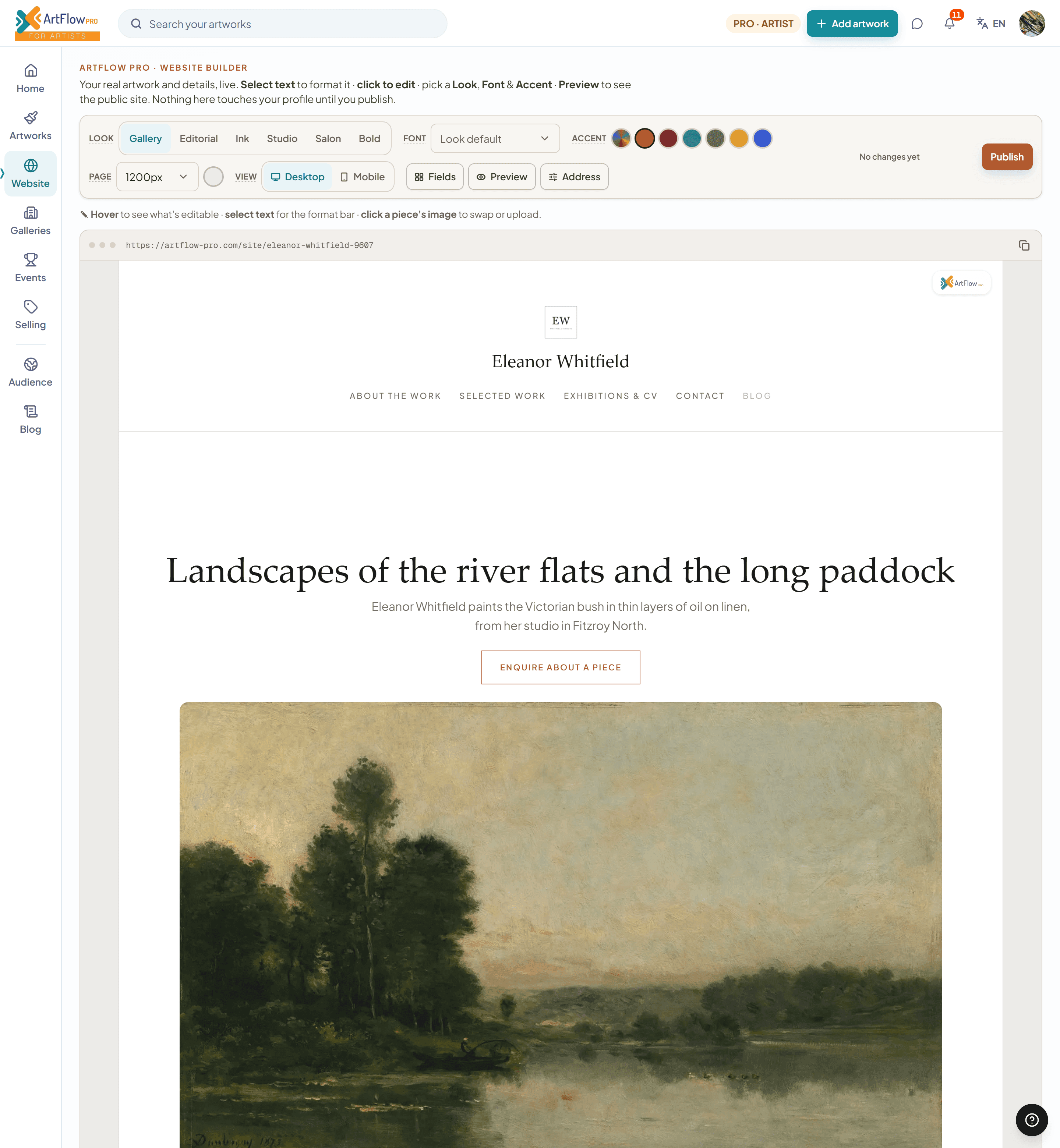 The website builder: the six looks, fonts and accent colours across the top, and the artist's site in the Gallery look below, ready to edit in place.