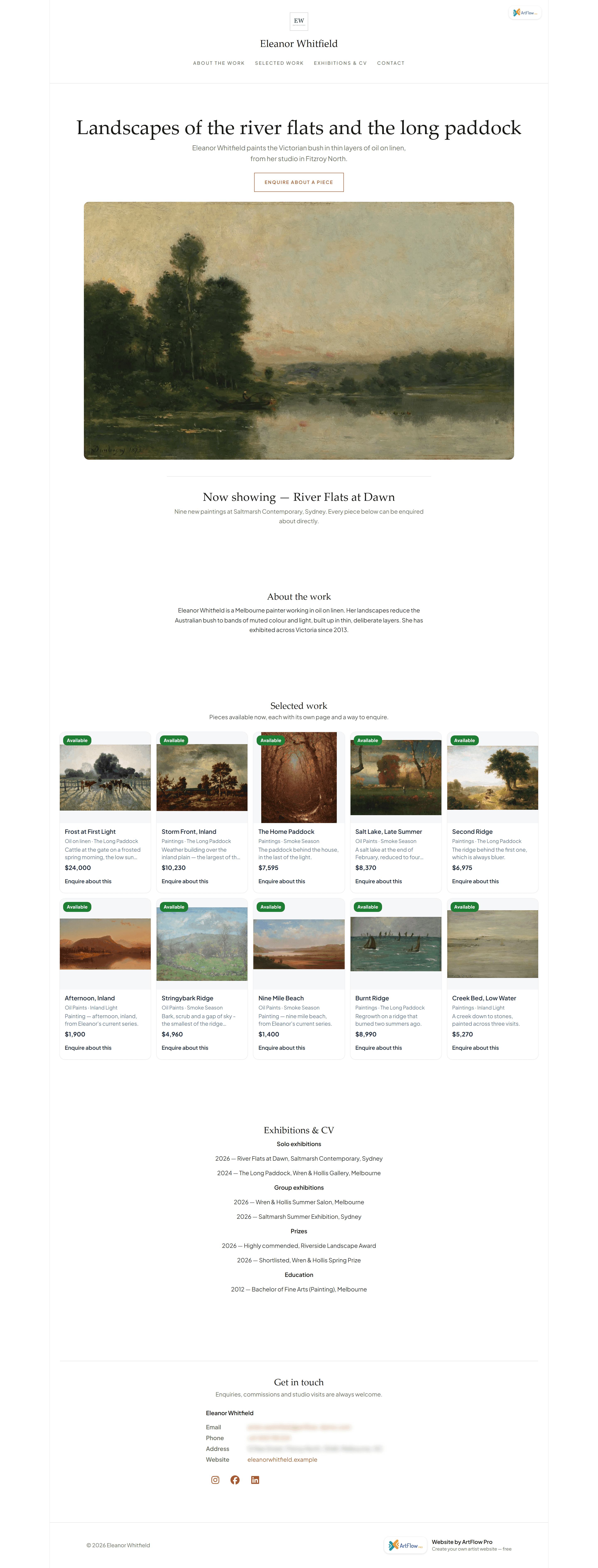 An artist's published website: her name and menu, a headline over a painting, about the work, selected pieces with an enquire link on each.