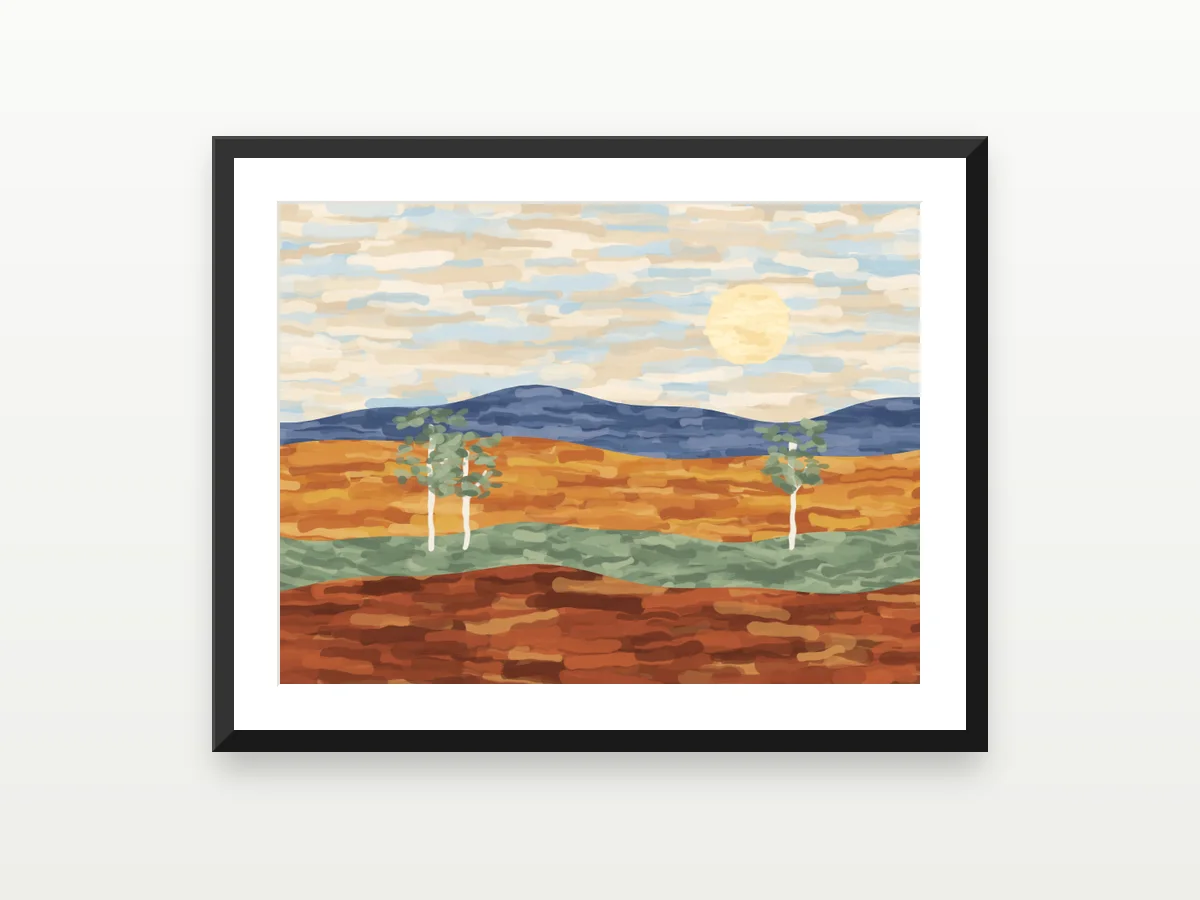 The same painting after the free enhancer: straight, true colour, in a black frame with a white mat